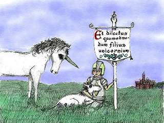 A unicorn and a young knight with a psalm verse